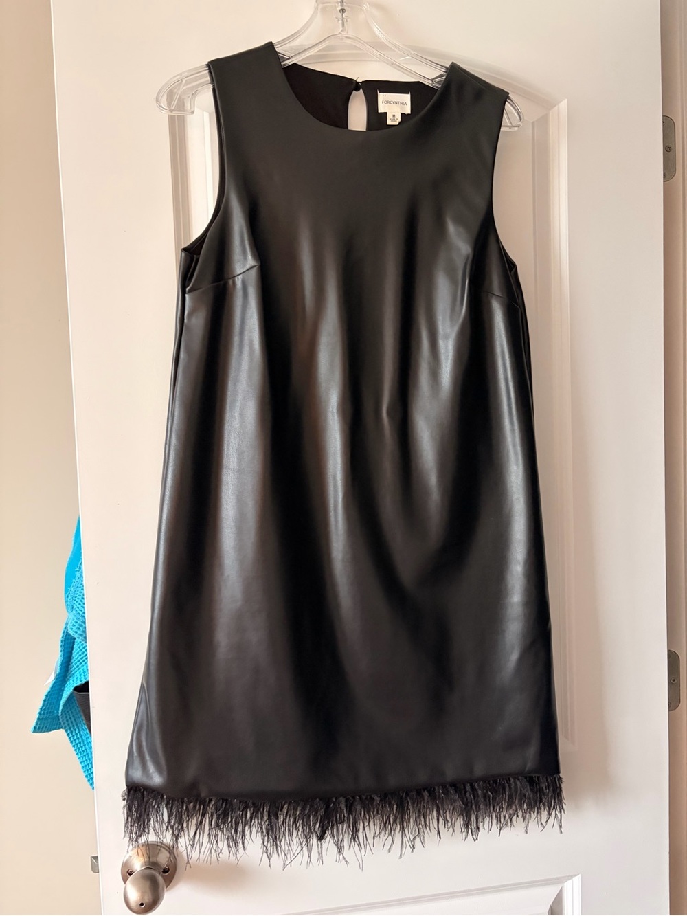 For Cynthia Black Faux Leather Sleeveless Dress with Feather Hem